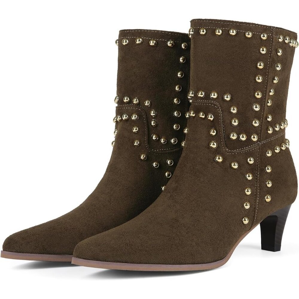 Women's Pointed Toe Low Kitten Heel Booties Slip On Rivet Ankle Boots Brown